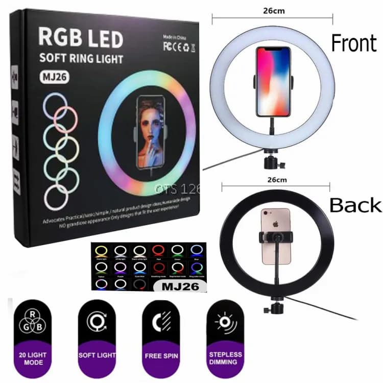 MJ26 RGB LED Ring Light 26cm with Tripod, Phone Holder & 360° Color Modes