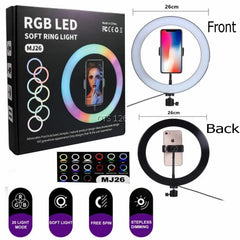 MJ26 RGB LED Ring Light 26cm with Tripod, Phone Holder & 360° Color Modes