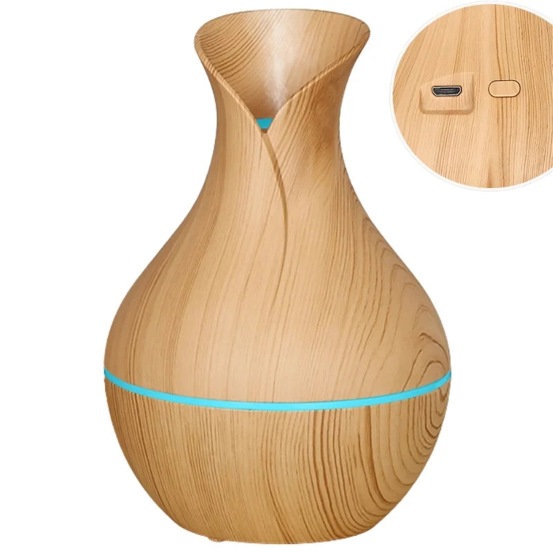 Vase-Shaped LED Humidifier | Model JSQ07 | USB Wood Grain Ultrasonic Cold Mist Humidifier | Aromatherapy Air Freshener | 200 ml