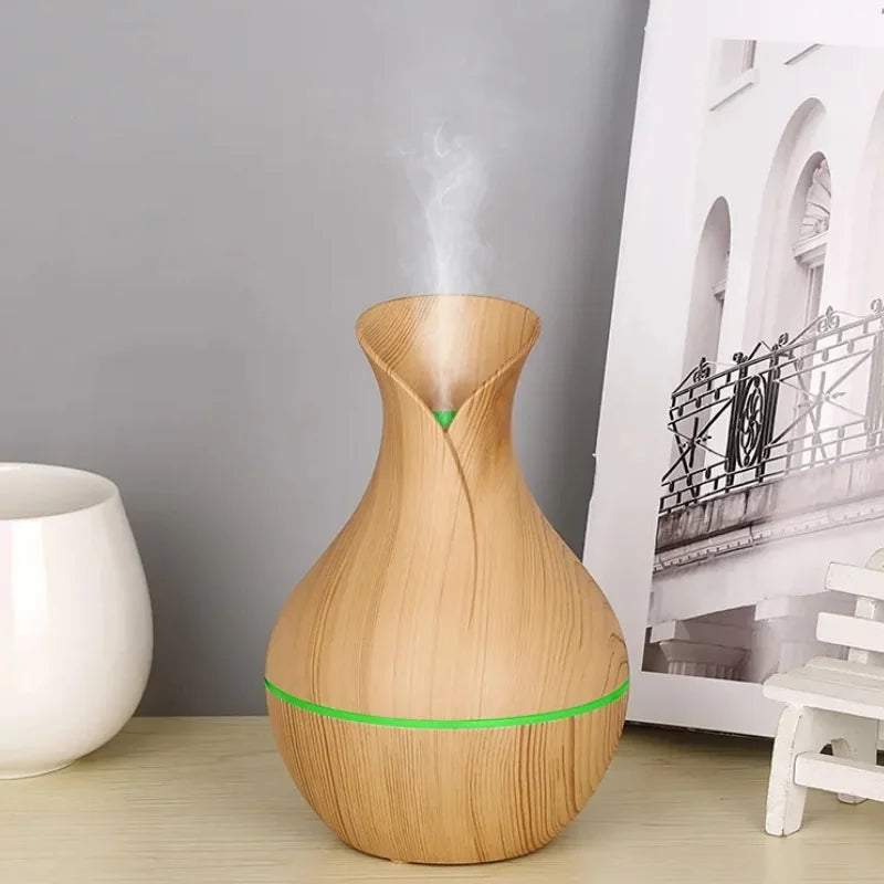 Vase-Shaped LED Humidifier | Model JSQ07 | USB Wood Grain Ultrasonic Cold Mist Humidifier | Aromatherapy Air Freshener | 200 ml