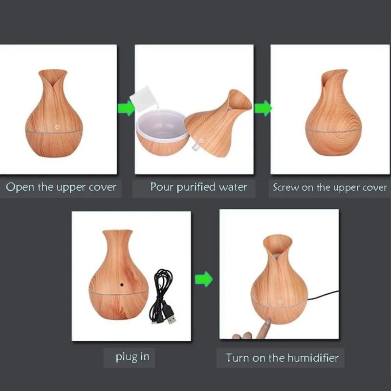 Vase-Shaped LED Humidifier | Model JSQ07 | USB Wood Grain Ultrasonic Cold Mist Humidifier | Aromatherapy Air Freshener | 200 ml